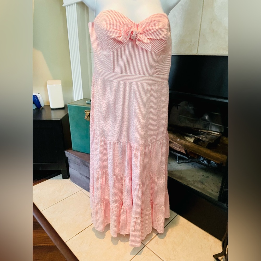 J. Crew light pink and white seersucker strapless dress.